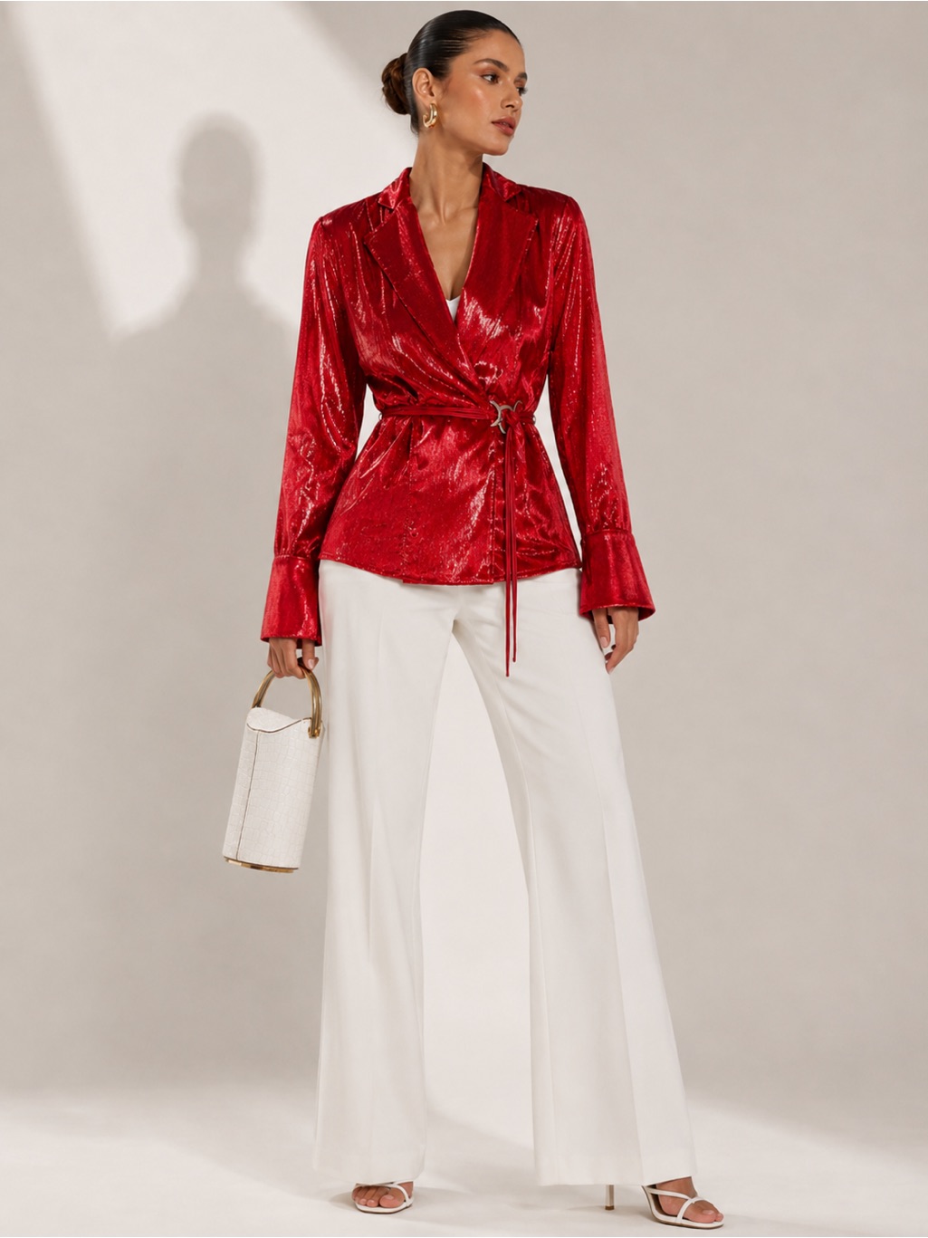 Michael Lo Sordo Women Blazer Size 10 Red Metallic Silk Blend Belted Wrap Top — image 3 of 8